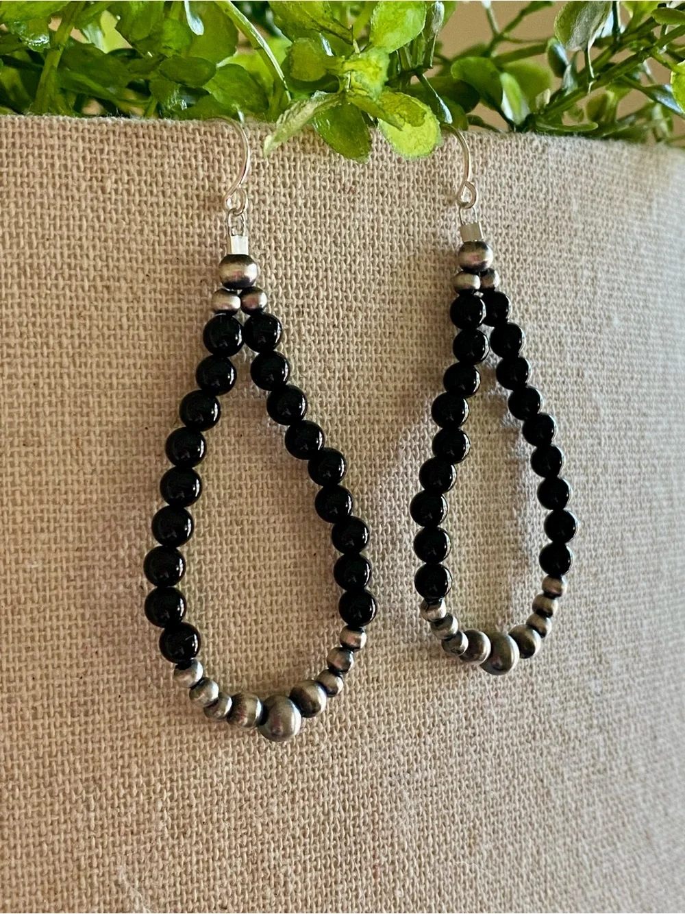 E11 Black onyx & sterling silver Navajo desert pearls dangle earrings